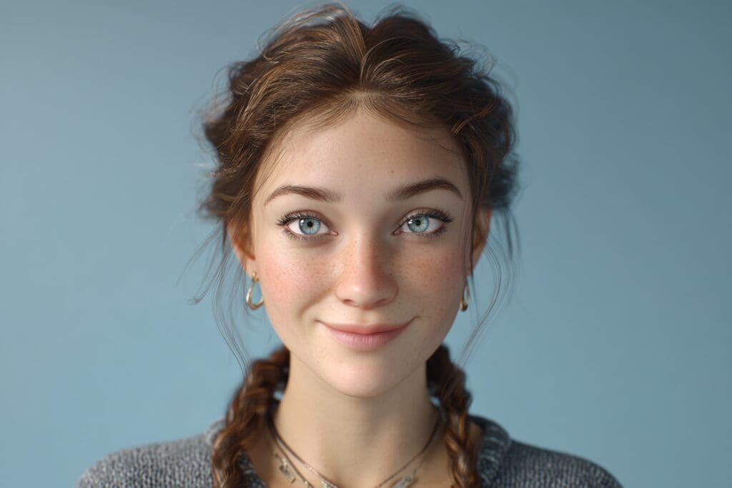Smiling animated character with braided hair