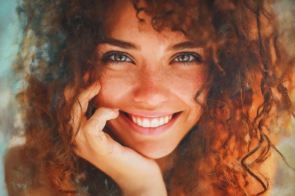 Smiling woman with curly hair close-up.
