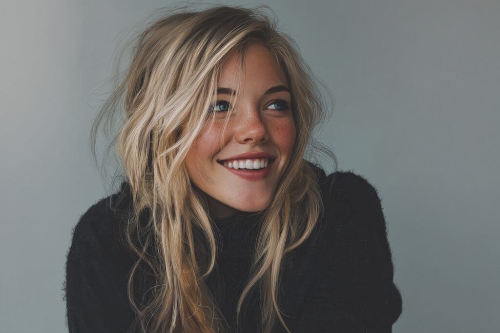 Smiling woman with long blonde hair portrait