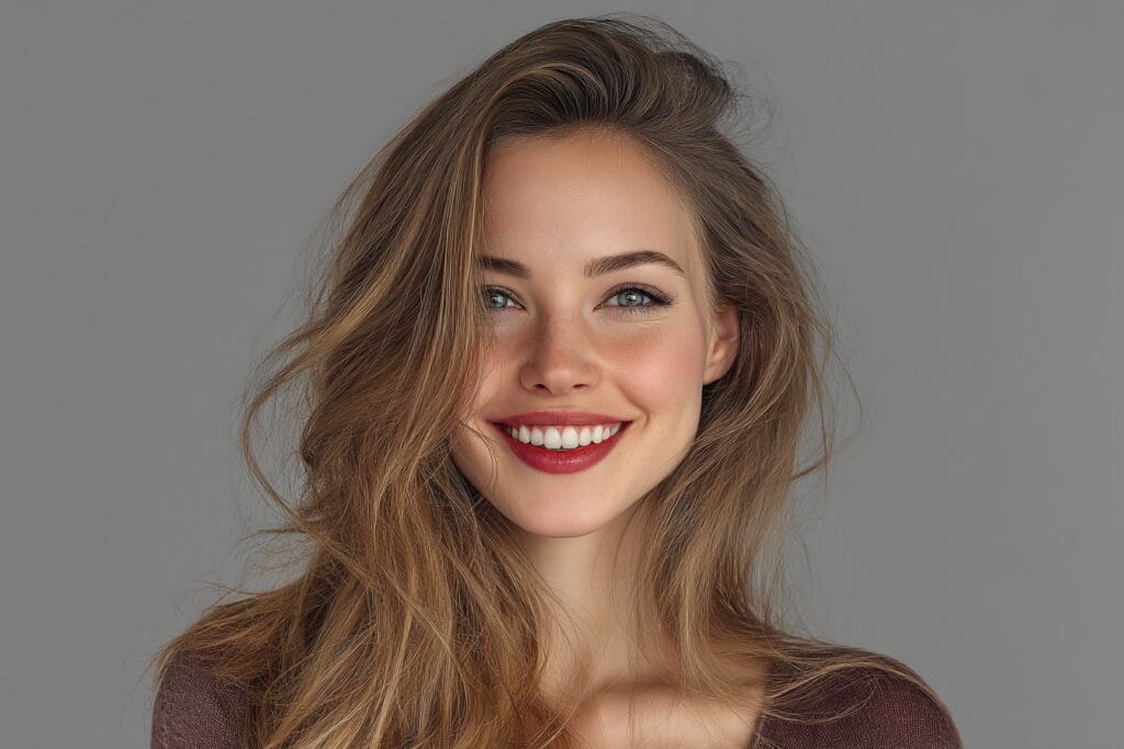 Smiling woman with long brown hair portrait