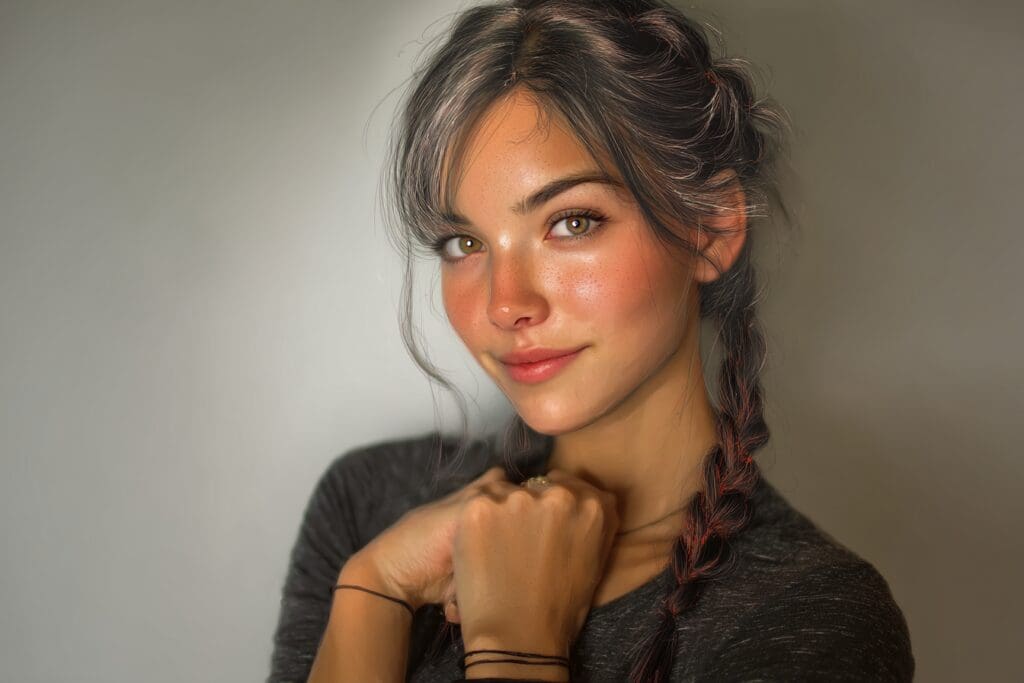 Smiling woman with braided hair indoors