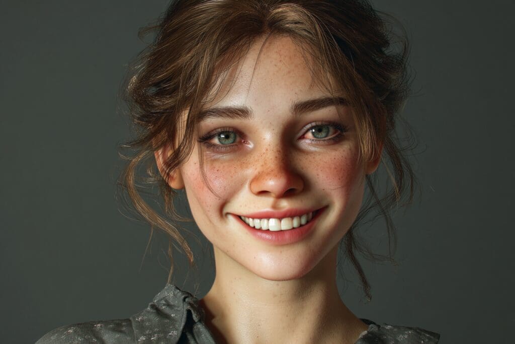 Smiling realistic 3D-rendered girl with freckles
