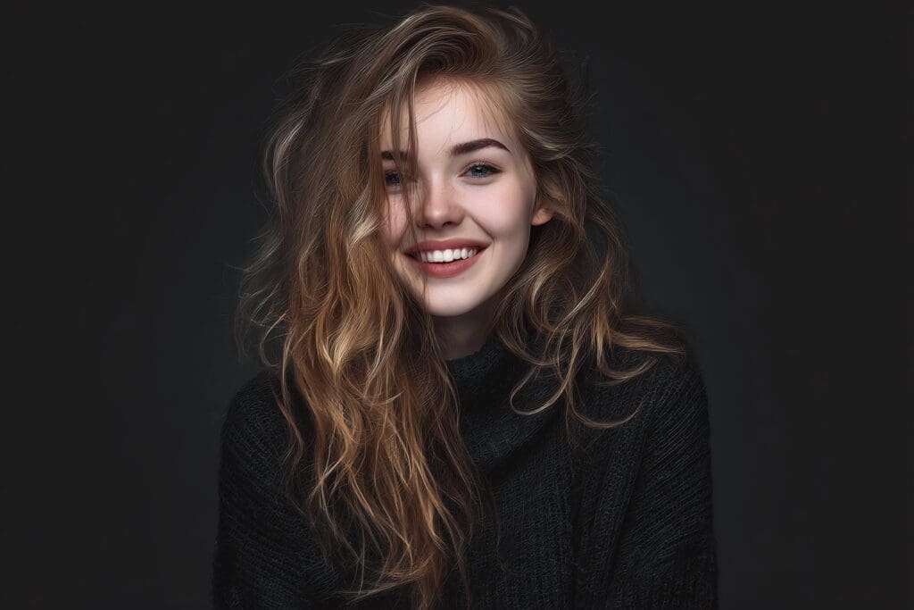 Smiling woman with long wavy hair portrait