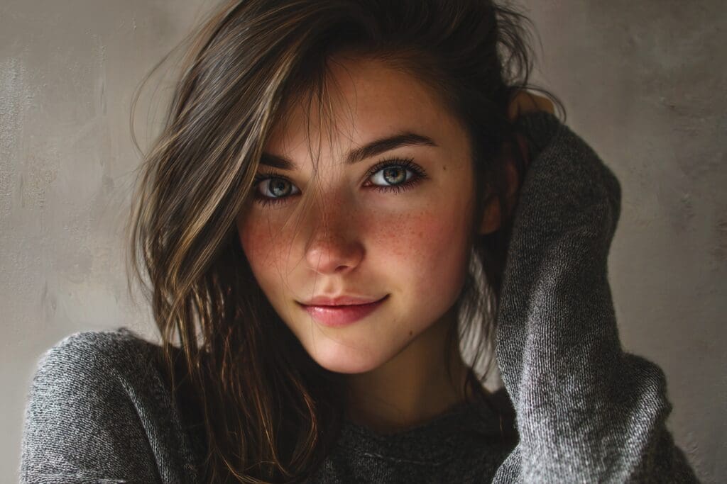Young woman with brown hair and freckles