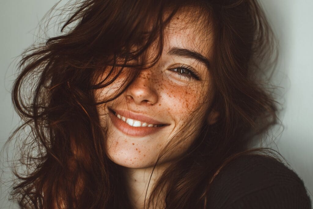 Smiling woman with freckles and brown hair.