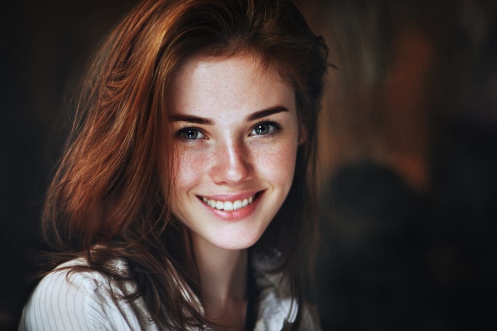 Smiling woman with long brown hair indoors.