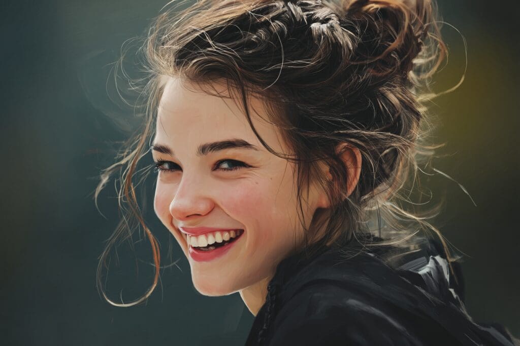 Smiling woman with curly hair outside portrait