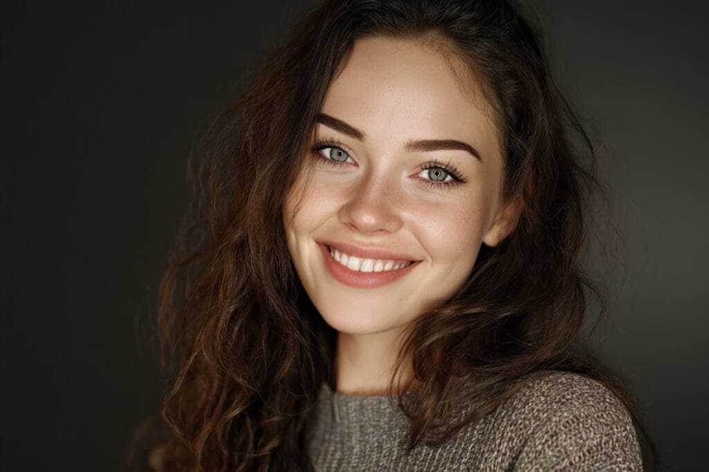 Smiling woman with long brown hair indoors.
