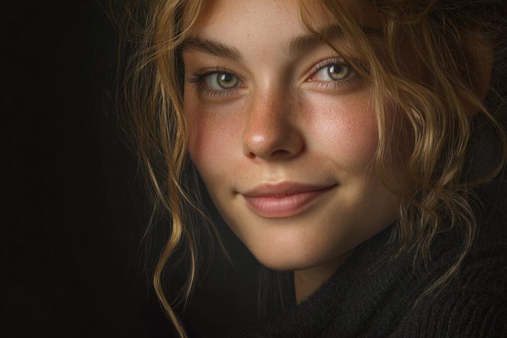 Young woman smiling with curly hair portrait