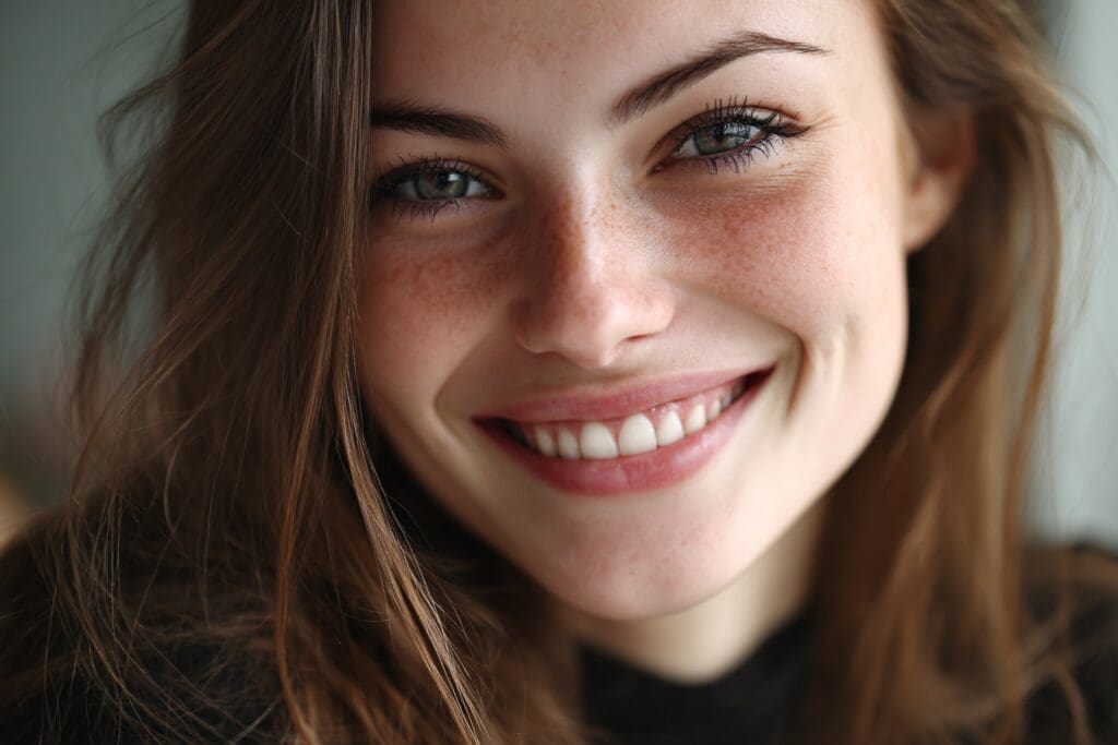 Smiling woman with long brown hair closeup.