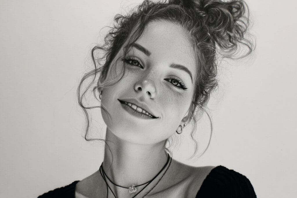 Smiling woman with curly hair and necklace