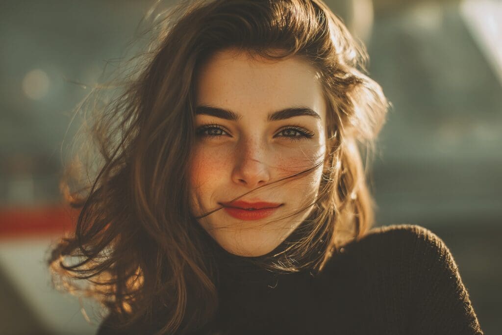 Woman smiling with wind-blown hair outdoors.