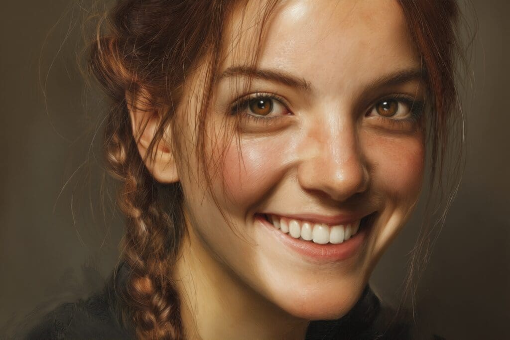 Smiling woman with braided hair portrait painting