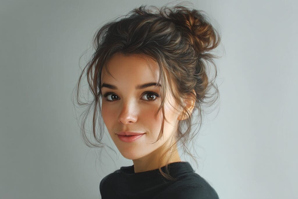 Young woman with casual updo hairstyle.
