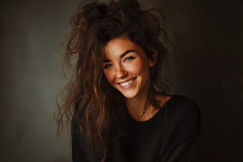 Smiling woman with curly hair in sweater