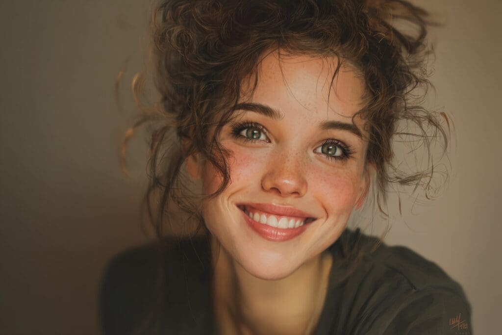 Smiling woman with curly hair and freckles.
