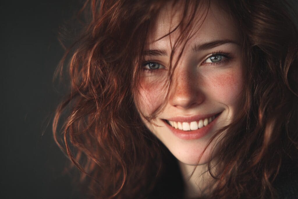 Smiling woman with curly brown hair portrait