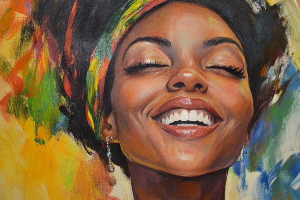 Smiling woman in colorful artistic portrait painting