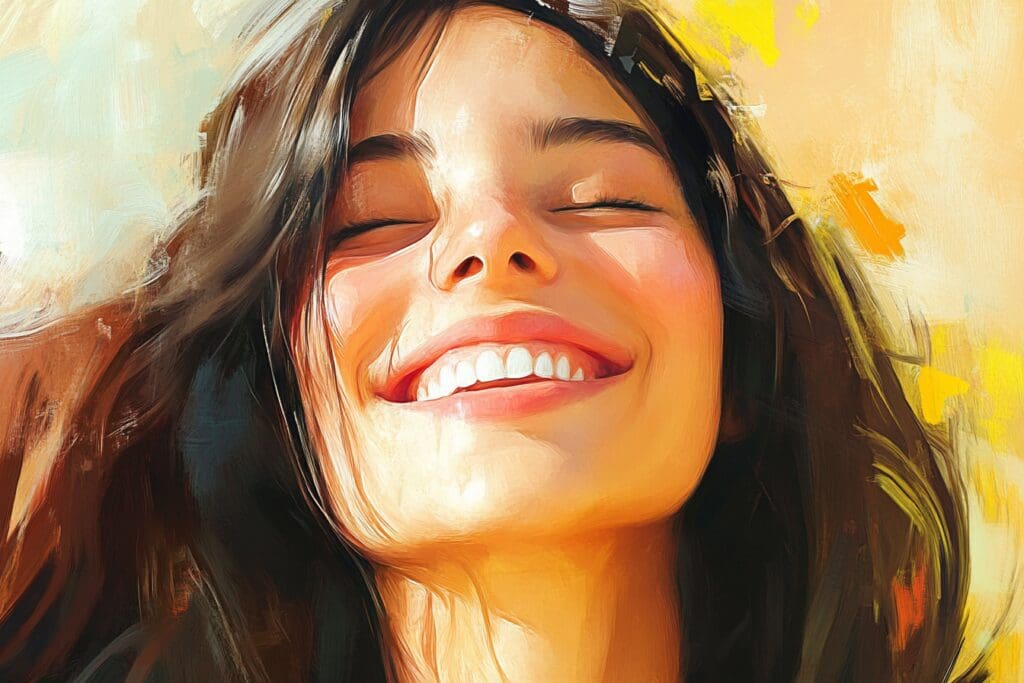 Smiling woman enjoying sunlight with closed eyes.