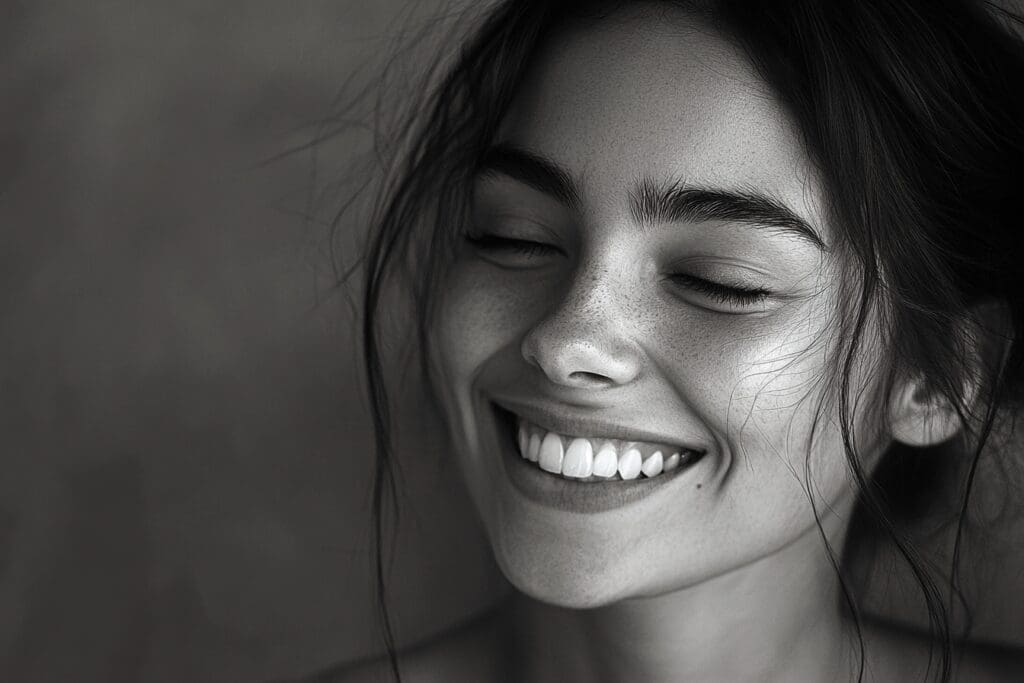 Smiling woman with closed eyes in grayscale.