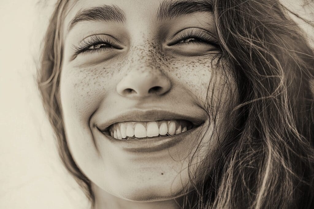 Smiling woman with freckles and long hair