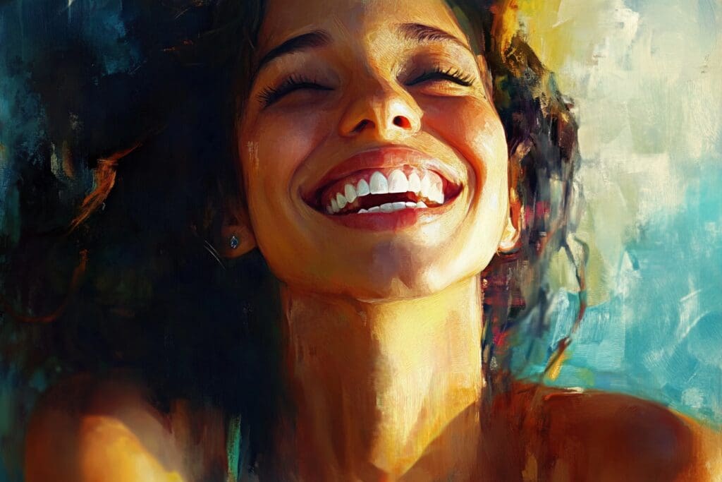 Smiling woman enjoying sunlight and happiness painting