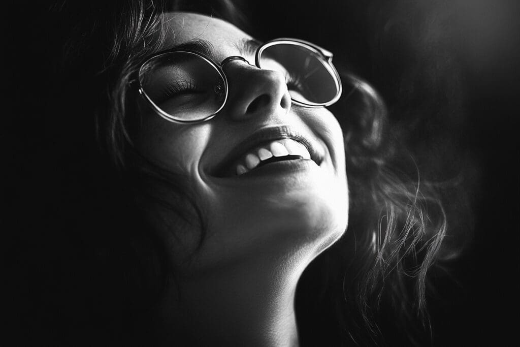 Woman smiling wearing glasses in black and white