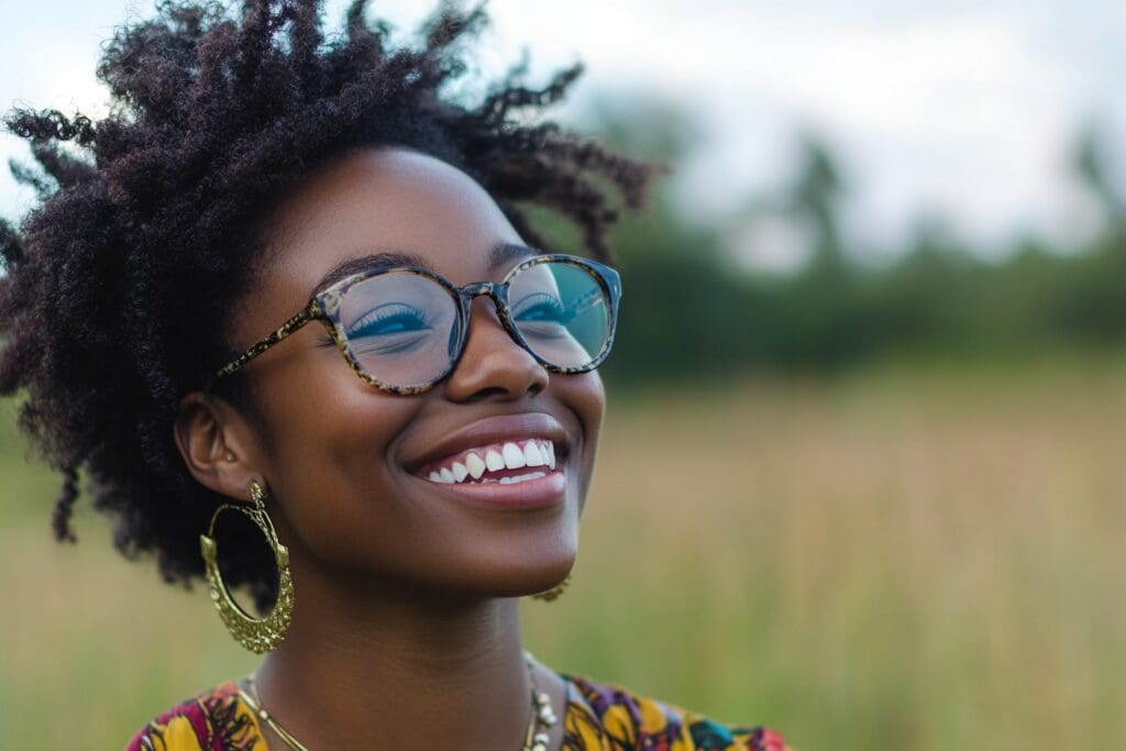 Smiling woman wearing glasses in a field