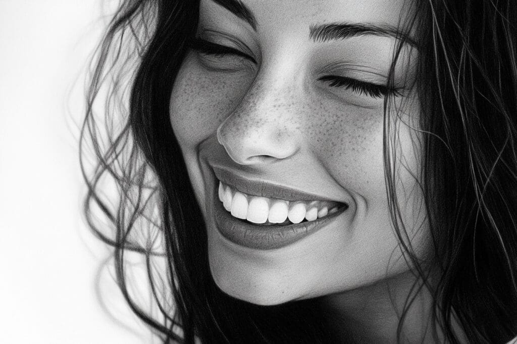 Smiling woman with freckles and long hair