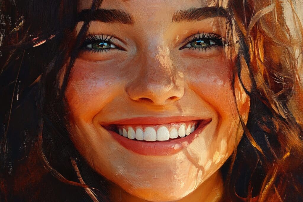 Smiling woman with curly hair and freckles