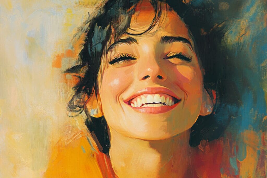 Smiling woman in colorful abstract portrait painting