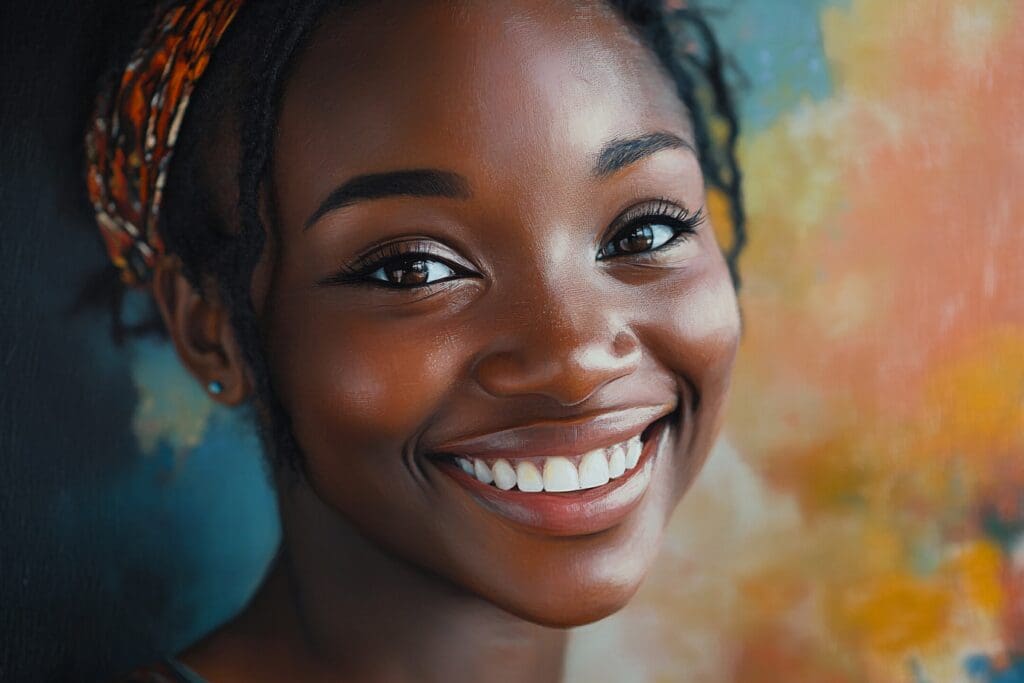 Smiling woman with colorful background painting