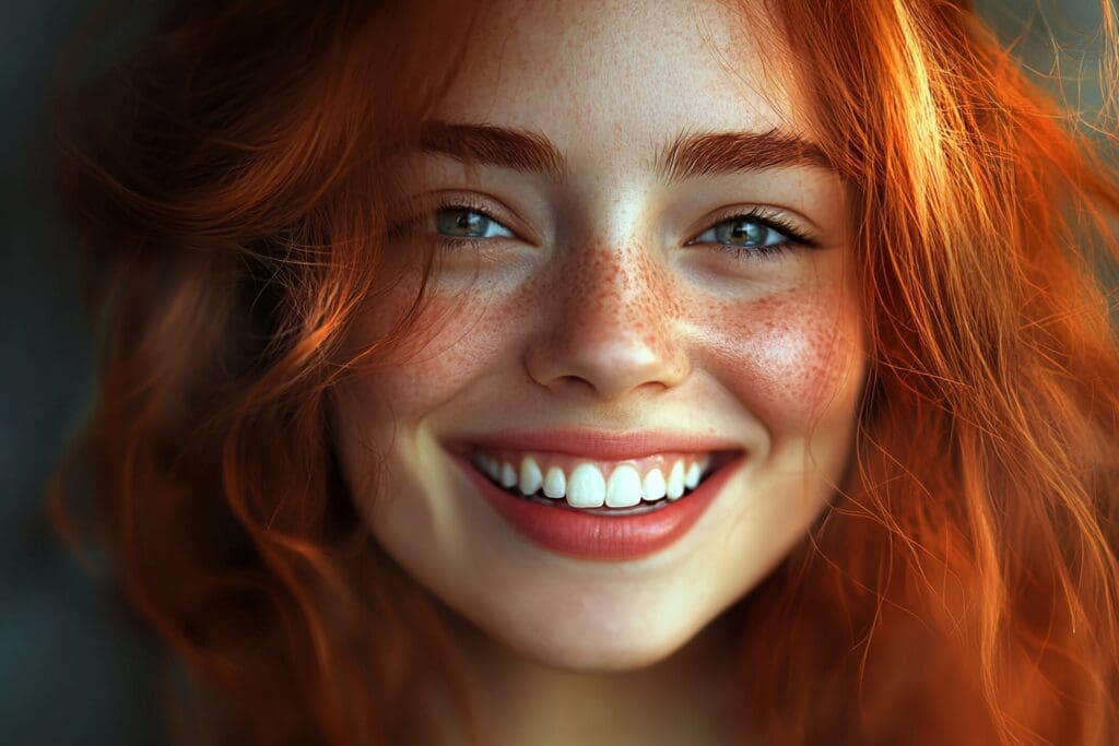 Smiling woman with vibrant red hair outdoors.