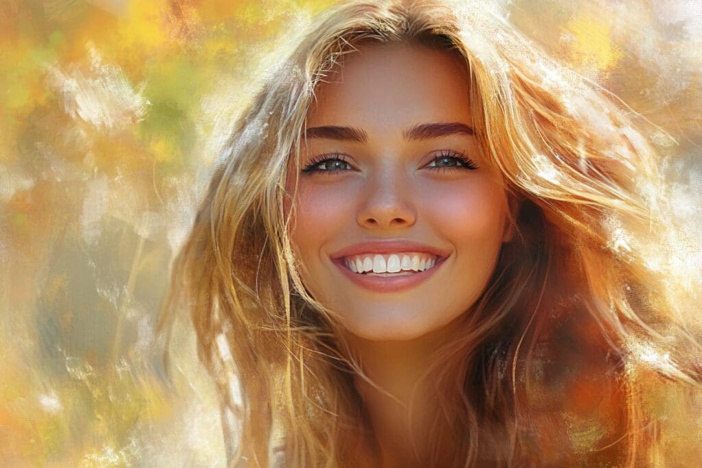 Smiling woman in autumn-inspired artistic portrait