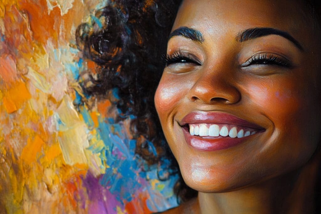 Smiling woman with colorful abstract background painting