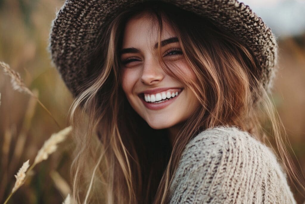 Smiling woman in hat and knitted sweater.
