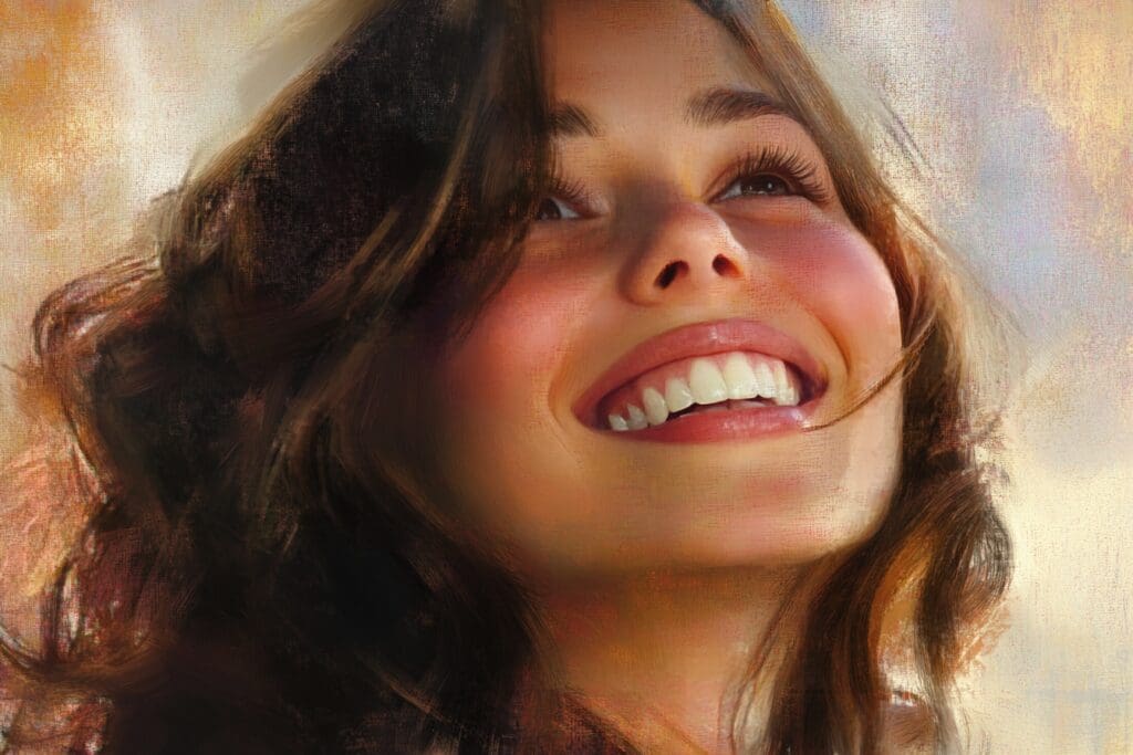 Smiling woman looking up into the sky