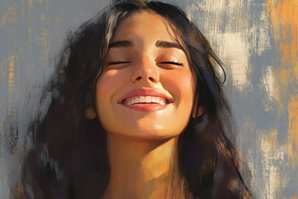 Woman smiling joyfully in digital portrait painting