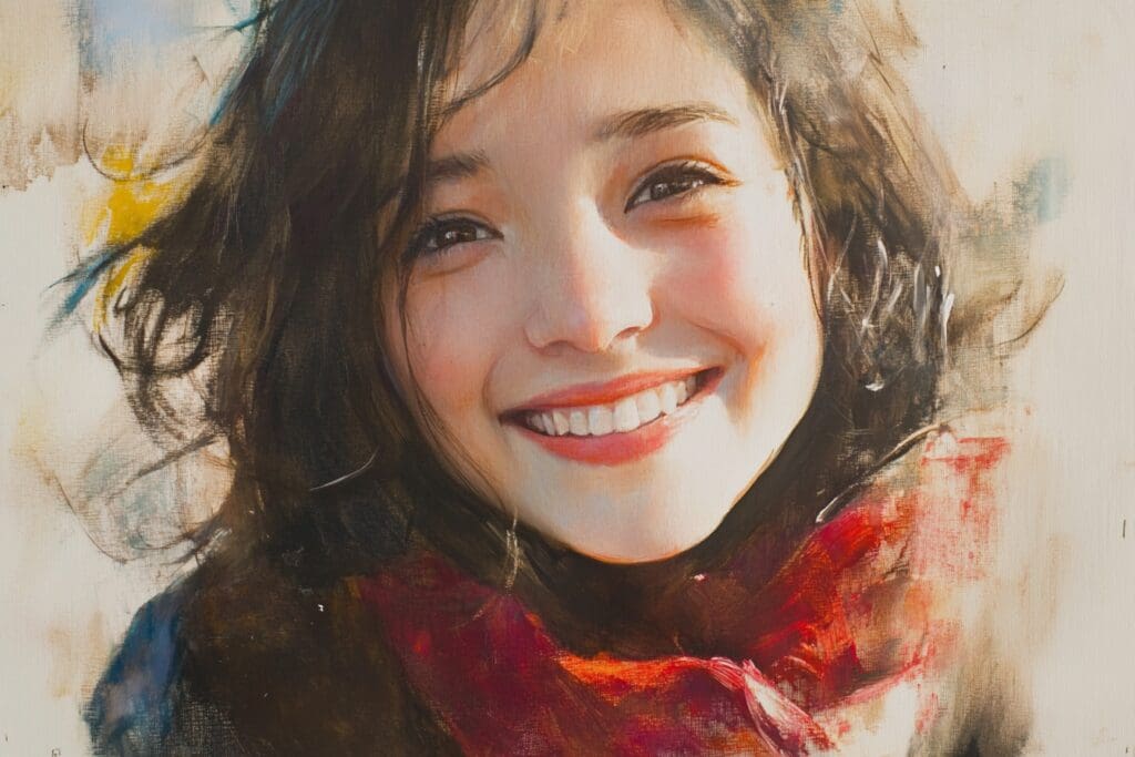 Smiling woman in colorful artistic portrait.
