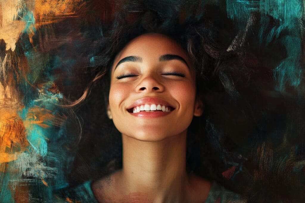 Smiling woman with colorful artistic background painting