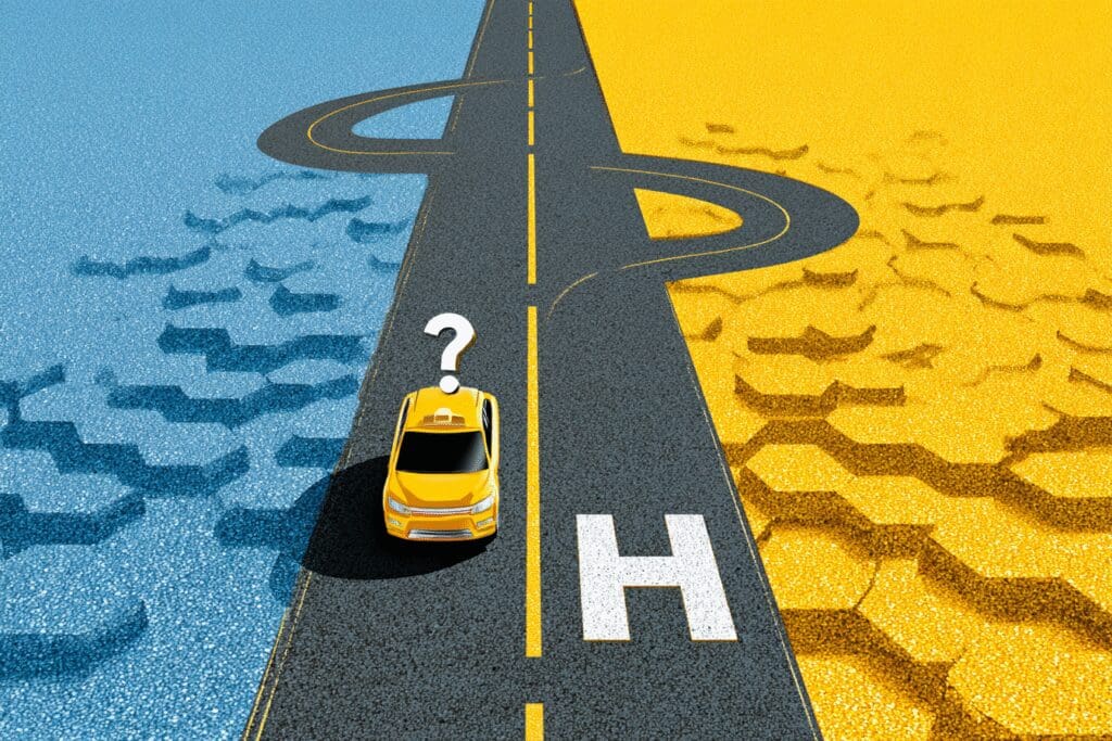 A car at a fork in the road with two app themes a visual for the FAQ is Hinge better than Tinder