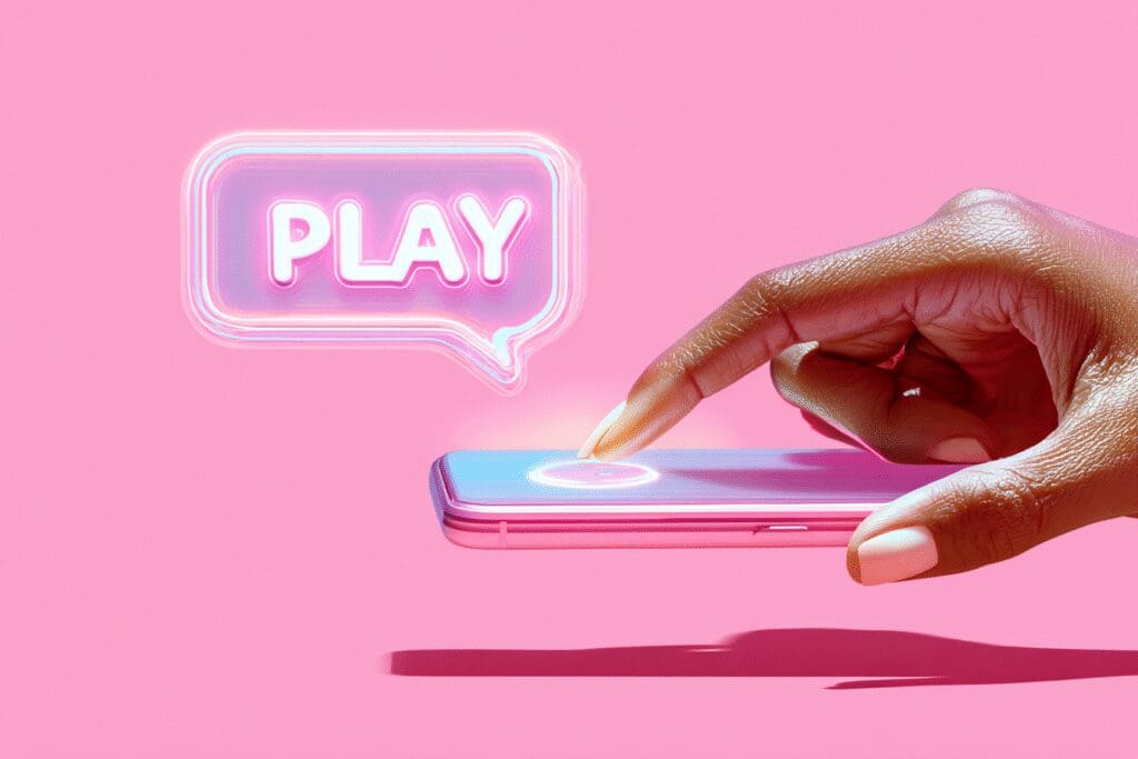 A finger pressing a play button to start a chat answering the FAQ on what is an Opening Move on Bumble