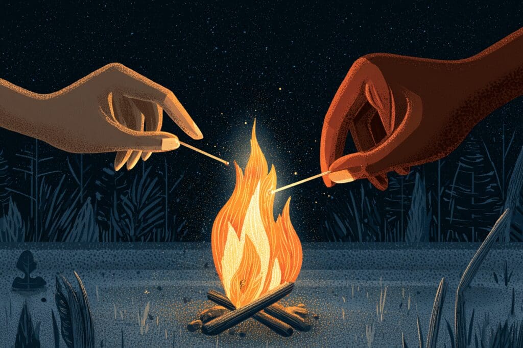 A hand lighting a campfire between two profiles a guide for the FAQ on how to start a conversation on Bumble