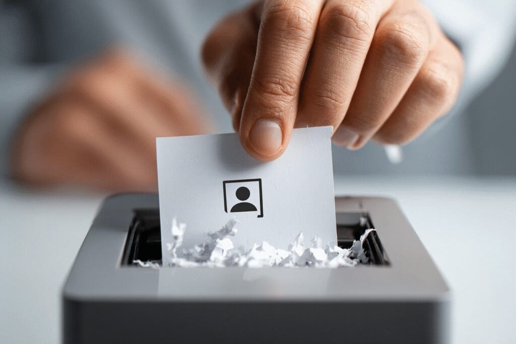 A hand shredding a profile document a metaphor for how to delete Hinge account permanently