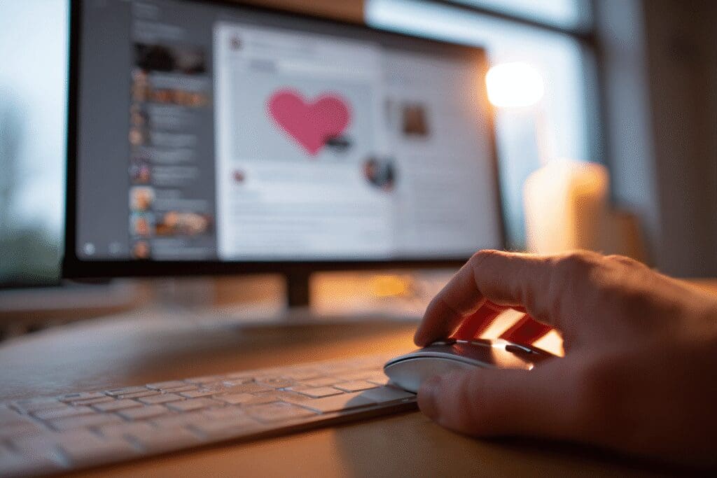 A heart-shaped cursor on a computer screen answering the FAQ can I use Hinge on my computer