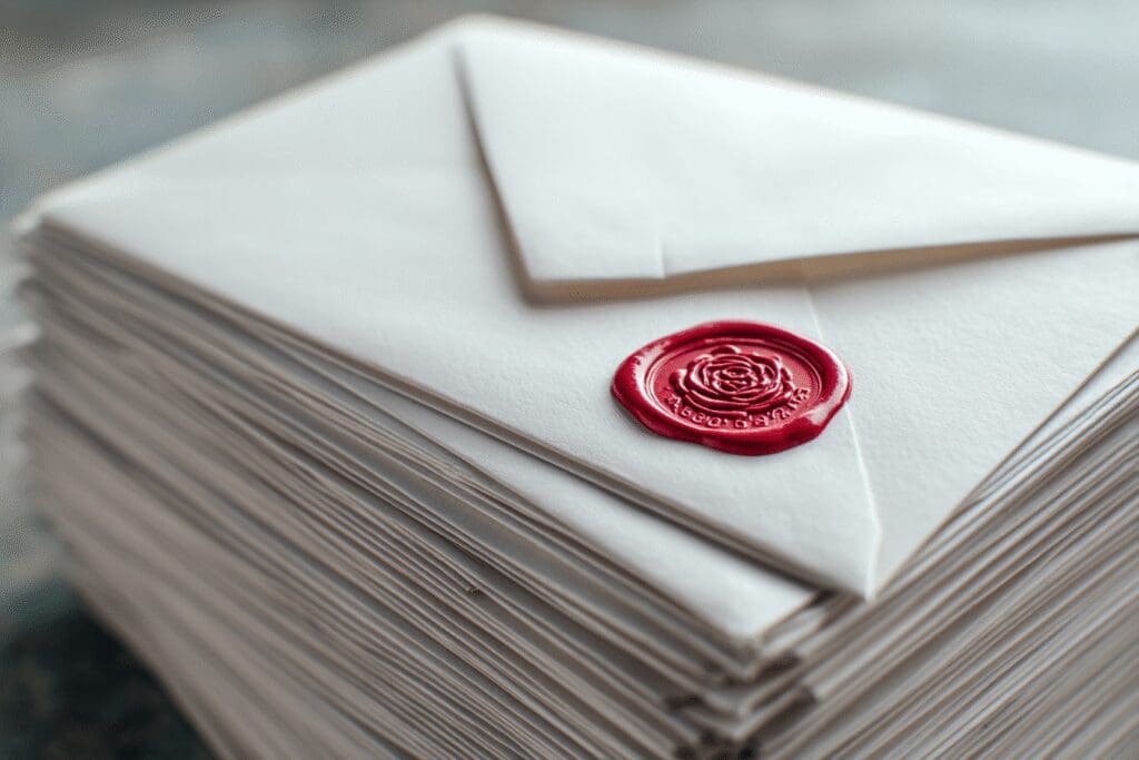 A letter sealed with a rose wax stamp placed on top of a pile explaining the answer to the FAQ on what does a Rose mean on Hinge