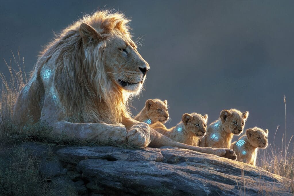 A lion watching over cubs with different app icons explaining the answer to the FAQ on who owns Hinge