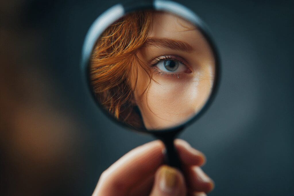 A magnifying glass revealing a mannequin a red flag for how to tell if a Hinge profile is fake