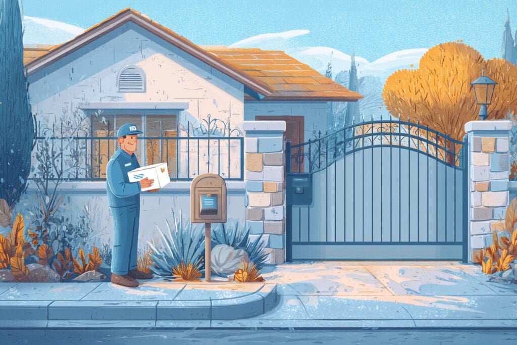A mail carrier blocked by a security gate a visual metaphor for the FAQ can you send links on Hinge