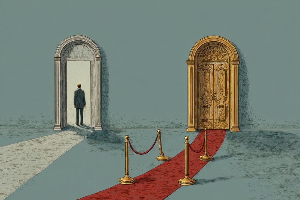 A person choosing an open door over a roped-off one a metaphor for the FAQ is Hinge free